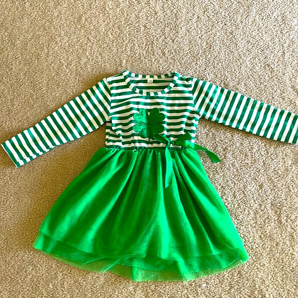 Girls' Green Striped & Tulle Dress with Shamrock Detail